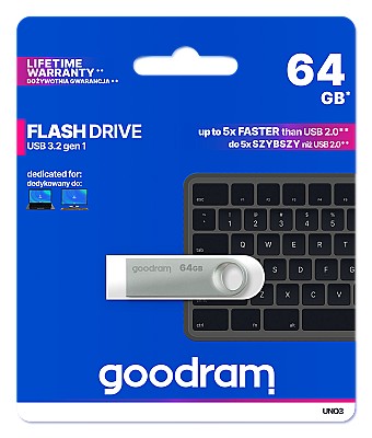 Image 64Gb  USB3.2  GoodRAM  UNO3 Metal casing, Built-in keyloop (Read 60 MByte/s, Write 20 MByte/s)  UNO3-0640S0R11