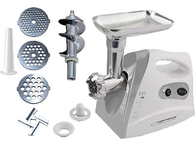 Image Meat Grinder Esperanza MEATBALL EKM012E 600W stainless steel knife for long time use, metal spiral drive, 3 discs with different diameter holes (2,7mm