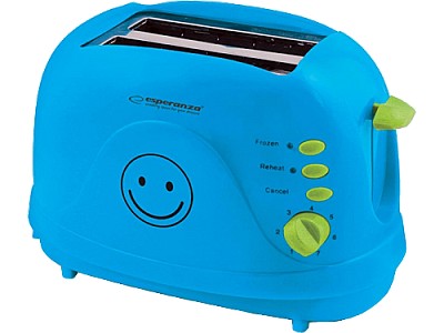 Image Toster Esperanza SMILEY EKT003B Blue, 750W, 3 in 1, Toasting, Reheating, Defrost frozen bread, Designed to prepare thick and thin toast, Electronic Ti
