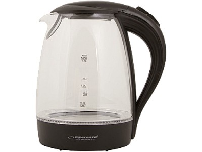 Kettle Esperanza SALTO ANGEL EKK011K  Glass Black with LED light, 2200W, 1,7l, concealed heating element, 360° swivel base, auto shut-off after boilin