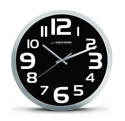 Clock Wall Esperanza ZURICH  EHC013K Black ,  25 cm, plastic frame, Quiet movement, hook for easy installation, Power: 1x AA battery (not included)