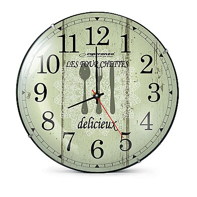 Clock Wall Esperanza PARIS  EHC018P White,  30 cm, (text: Les Fourchettes), plastic frame, Quiet movement, hook for easy installation, Power: 1x AA ba
