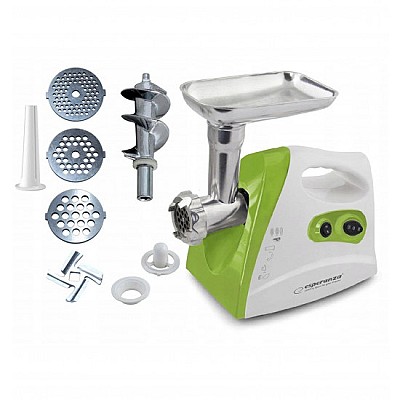 Meat Grinder Esperanza MEATBALL EKM012G, White/Green, 600W stainless steel knife for long time use, metal spiral drive, 3 discs with different diamete