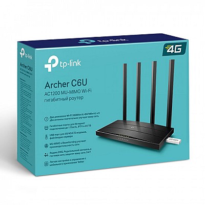 Image TP-LINK Archer C6U AC1200 Dual-Band Wi-Fi Router SPEED: 300 Mbps at 2.4 GHz + 867 Mbps at 5 GHz SPEC: 4× Antennas, 1× Gigabit WAN Port + 4× Gigabit