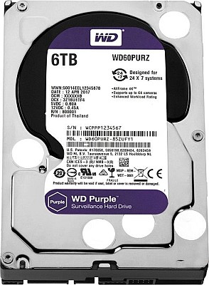3.5" HDD 6.0TB Western Digital  Purple, 5640rpm, 128MB, SATAIII (for video)  WD62PURZ