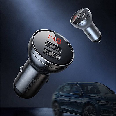 Image USB Car Charger - Baseus Digital Display, 2xUSB (U + U), 24W, 5V/4.8A, Display, Gray  CCBX-0G