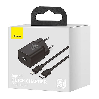 Image Universal Home Charger Baseus Super Si, 1xUSB Type-C, 20W, 5V/3A, Cable included (Type-C - Lightning, 1m), Black  TZCCSUP-B01