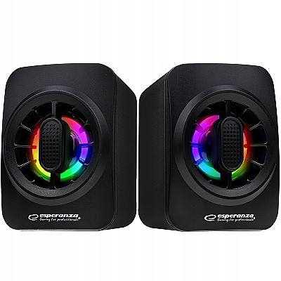 Speakers 2.0  Esperanza Sakara EGS104, 5W (2 x 2.5W), LED Rainbow lighting, Volume control, built in amplifier, Power supply: 5V, They require: USB an