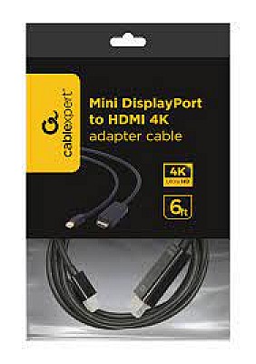 Image CABLU video GEMBIRD, adaptor Mini-DisplayPort (T) la HDMI (T), 1.8m,rezolutie maxima 4K UHD (3840 x 2160) la 30 Hz, negru, "CC-mDP-HDMI-6