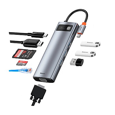 Image Docking Station Baseus Metal Gleam 9-in-1, USB Type-C to 3xUSB 3.0, Type C PD 100W, HDMI 4K@30Hz, RJ-45 Gigabit, SD, MicroSD, VGA, Grey  CAHUB-CU0G