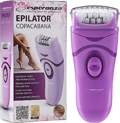 Epilator Esperanza COPACABANA EBD002V Violet, Detachable head - can be washed under running water 2 speed levels depilation, Power supply: batteries 3