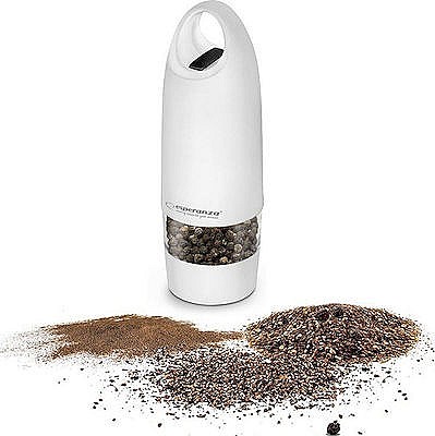Grinder Esperanza MUNTOK EKP003W White, LED illumination during use Adjustable grinding thickness Length: 17cm Diameter: 5cm Power: 4* AA batteries (n