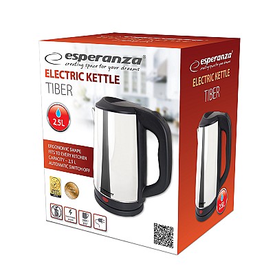 Image Kettle Esperanza TIBER EKK036S Shiny, 2200W, 2,5l, stainless steel, plastic, Auto shut-off after boiling, Boil dry safety cut-off, Concealed heating e