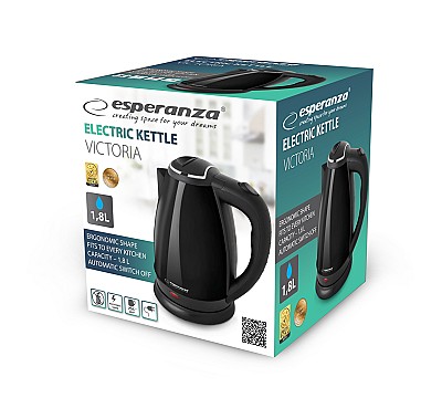 Image Kettle Esperanza VICTORIA EKK113K Black, 1800W, inox, 1.8 l, concealed heating element, 360° swivel base, auto shut-off after boiling