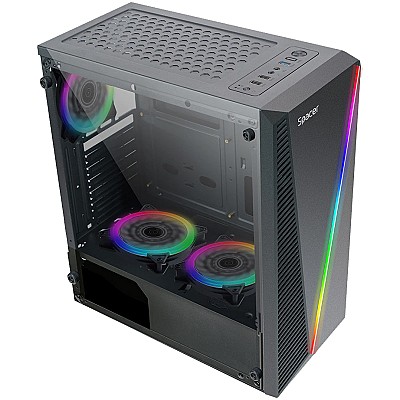 Case SPACER - gaming, Middle Tower, ATX, "THOR", fara sursa, sticlasecurizata, 4 x fan, USB 2.0 x 2, USB 3.0 x 1, mesh, fan controller telecomanda, "S