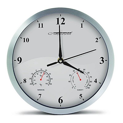Clock Wall Esperanza LYON  EHC016W WHITE,  25 cm, plastic frame, Quiet movement, hook for easy installation, Measurements: temperature and humidity, P