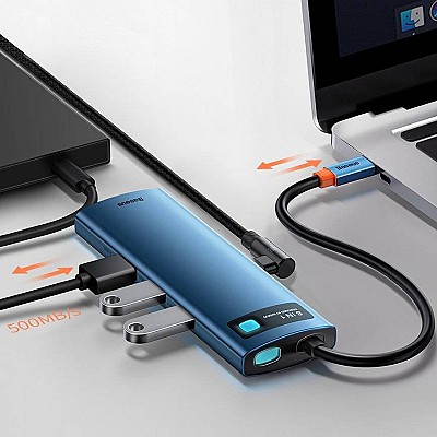 Docking Station Baseus Metal Gleam 8-in-1, USB Type-C to 3xUSB 3.0, Type C PD 100W, HDMI 4K@30Hz, RJ-45 Gigabit, SD, MicroSD, Blue  WKWG000103