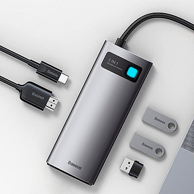 Docking Station Baseus Metal Gleam 5-in-1, USB Type-C to 3xUSB 3.0, Type C PD 100W, HDMI 4K@60Hz, Gray  CAHUB-CX0G
