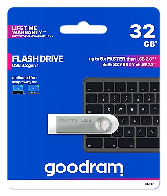 Image 32Gb  USB3.2  GoodRAM  UNO3 Metal casing, Built-in keyloop (Read 60 MByte/s, Write 20 MByte/s)  UNO3-0320S0R11