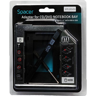 Rack Caddy Spacer HDD/ SSD pentru CD/DVD Bay, pentru Notebook, Normal, 12mm, SPR-25DVDN
