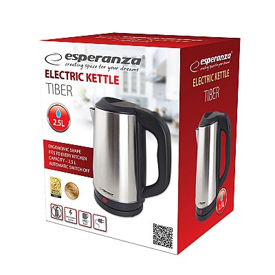 Image Kettle Esperanza TIBER EKK036X Inox Satin, 2200W, 2,5l, stainless steel, plastic, Auto shut-off after boiling, Boil dry safety cut-off, Concealed heat