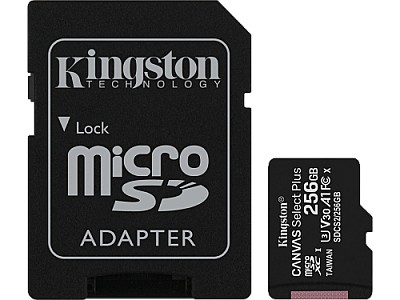 256GB Kingston microSD Class10 UHS-I  U1 V10  A1 + SD adapter Canvas Select Plus, Up to: 100MB/s