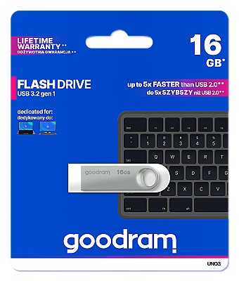 16Gb  USB3.2  GoodRAM  UNO3 Metal casing, Built-in keyloop (Read 60 MByte/s, Write 20 MByte/s)  UNO3-0160S0R11