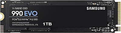 M.2 NVMe SSD 1.0TB  Samsung SSD 990 EVO, PCIe4.0 x4 / 5.0 x2, NVMe 2.0, M2 Type 2280 form factor, Seq. Read: 5000 MB/s, Seq. Write: 4200 MB/s, Max Ran