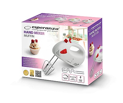 Hand Mixer Esperanza MUFFIN EKM007R,  150W, Ajustable speeds; 2x dough hook, 2x beater