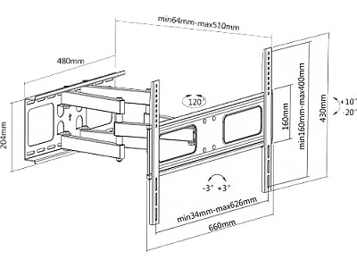 Image SBOX TV-Wall Mount PLB-3646 for 37-80'', Vesa 600 x 400 ,greutate suportata 50kg ,rotire 120° ,inclinatie -20 la 10°