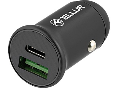 Image USB Car Charger - Tellur FCC7 2xDC 12-24V, 1xUSB Type-A QC 3.0, 1 xUSB Type-C PD, PD60W, QC30W, Aluminium, Black TLL151251