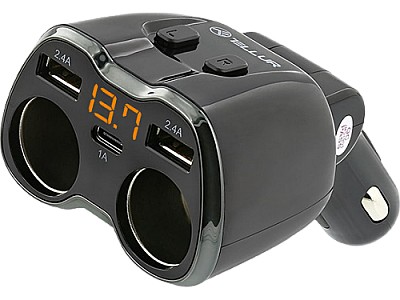 Image USB Car Charger - Tellur, 2xDC 12-24V, 2xUSB QC 2.4 + 2.4A, Type-C 1.5A, Lighting 1A, LED display, On/Off switch button, Black TLL321031