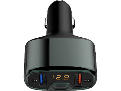 Image USB Car Charger - Tellur, CCY4 2xUSB (QC 3.0 + 2.4A), Type-C (2.4A), aluminium alloy, displays voltage, Black  TLL151171