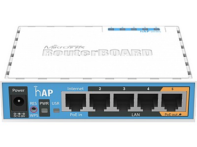 MikroTik RouterBOARD hAP,  Wireless Router, 2.4GHz Dual chain, AP/Bridge/Station/WDS, 802.11b/g/n, 1 WAN + 4 LAN, USB port for 3G/4G modem, internal a