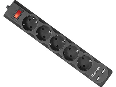 Image Prelungitor cu protectie Defender DFS753, black, 3.0 m, 5 sockets, 2 x USB