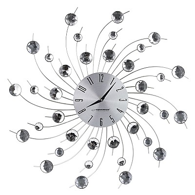 Image Clock Wall Esperanza GENEVA  EHC004 Grey,  50 cm, decorated with diamonds (acrylic glass), Aluminium clock surface, Quiet movement, hook for easy inst