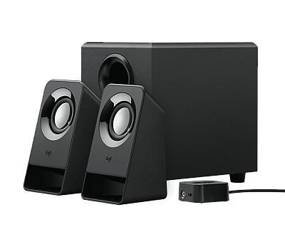 Image Speakers 2.1  Logitech Z213, 7W (4W + 2x1.5W)  Power and volume controls on wired control pod, bass control on back of subwoofer, Black