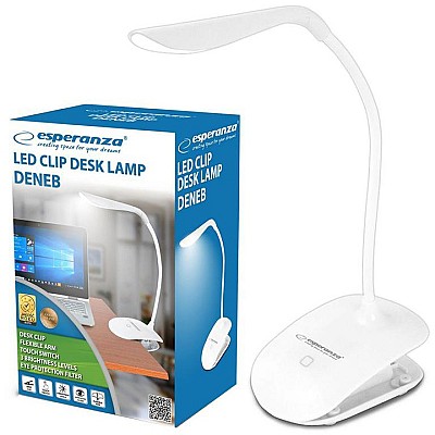 Image Desk Lamp Esperanza DENEB ELD104W White, 14 LED’s, Touch switch, 3 levels of brightness, Light color: 5500K, Flexible arm, Retaining clip, Built-in ey