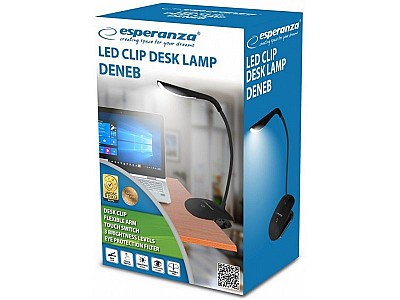 Image Desk Lamp Esperanza DENEB ELD104K Black, 14 LED’s, Touch switch, 3 levels of brightness, Light color: 5500K, Flexible arm, Retaining clip, Built-in ey