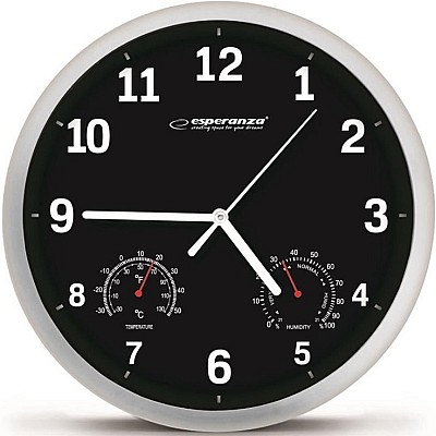 Image Clock Wall Esperanza LYON  EHC016K BLACK,  25 cm, plastic frame, Quiet movement, hook for easy installation, Measurements: temperature and humidity, P