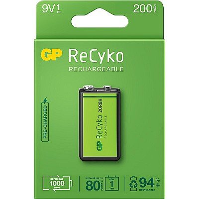 Image Baterie GP Batteries, ReCyco 200mAh 9V NiMH, paper box 1 buc. 20R8H-EB1, "GP20R8H-2EB1" "GPRHV208R075"