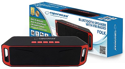 Image Esperanza FOLK EP126KR, Bluetooth Portable Speaker, power: 6W (2 x 3W), Black/Red, Built-in FM Radio, Bluetooth profiles: A2DP, AVRCP, HFP, HSP, Bluet