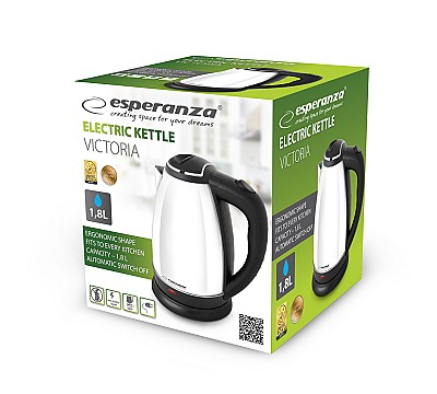 Image Kettle Esperanza VICTORIA EKK113W White, 1800W, inox, 1.8 l, concealed heating element, 360° swivel base, auto shut-off after boiling